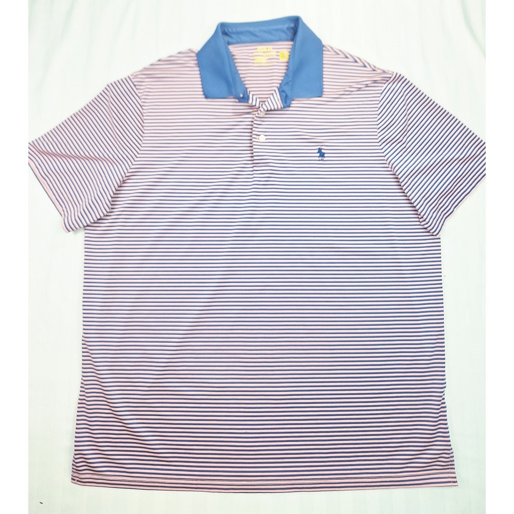 Polo Ralph Lauren Mens XL Performance Polo Shirt Pink Navy Blue Striped Golf Top